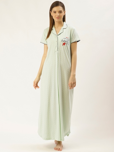 

Sweet Dreams Sea Green & Navy Blue Polka Dots Printed Maxi Nightdress