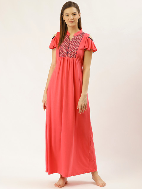 

Sweet Dreams Coral Red & Blue Solid Maxi Nightdress