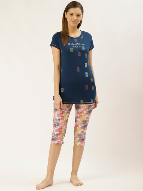 

Sweet Dreams Women Teal Blue & Red Printed Night suit