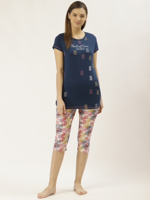 

Sweet Dreams Women Teal Blue & Red Printed Night suit