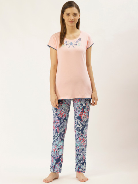 

Sweet Dreams Women Peach-Coloured & Blue Printed Night Suit