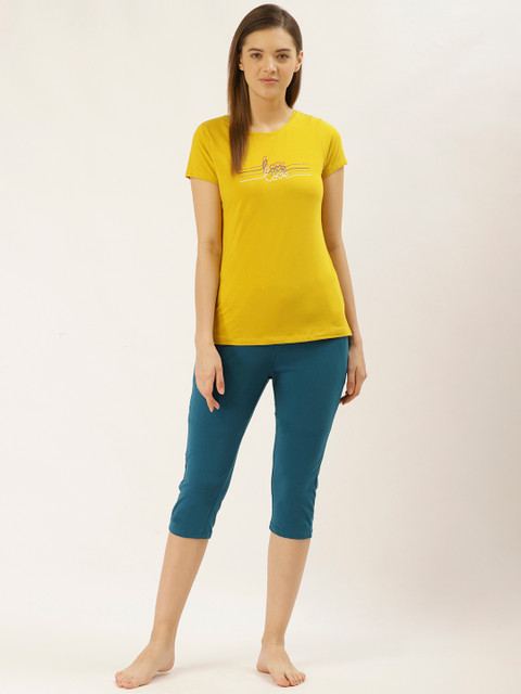 

Sweet Dreams Women Mustard Yellow & Teal Blue Solid Night Suit