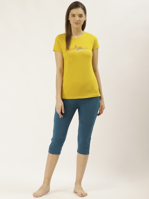 

Sweet Dreams Women Mustard Yellow & Teal Blue Solid Night Suit