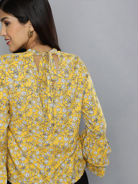 

HERE&NOW Women Yellow Printed Flared Sleeves Top