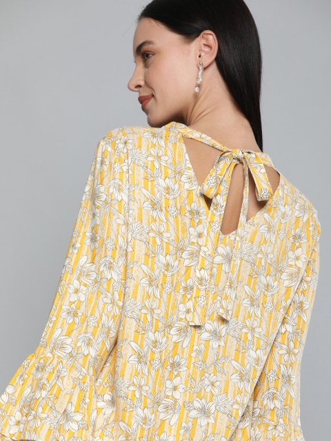 

HERE&NOW Women Yellow & White Printed Top With Tie-Up Detail