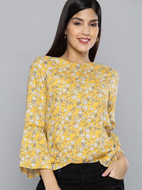 

HERE&NOW Women Yellow Printed Flared Sleeves Top