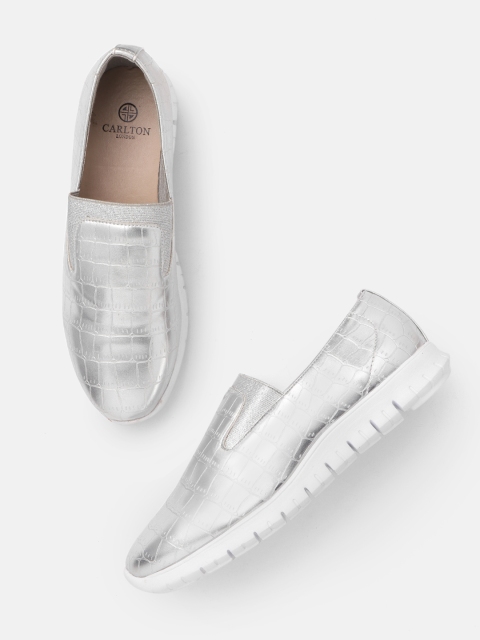 

Carlton London Women Silver-Toned Croc-Textured Slip-On Sneakers