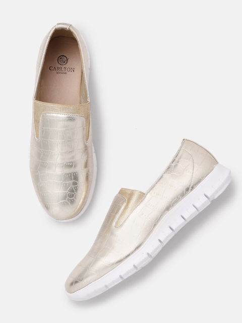 

Carlton London Women Gold-Toned Croc Textured Slip-On Sneakers