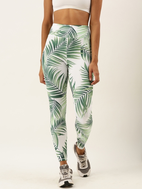 

FOREVER 21 Women White & Green Tropical Printed Sports Tights