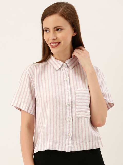 

FOREVER 21 Women Beige & Off-White Regular Fit Striped Casual Shirt
