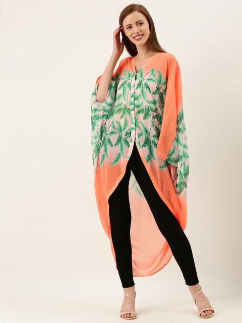 

FOREVER 21 Women Peach-Coloured & Green Printed Semi-Sheer Longline Kaftan Top