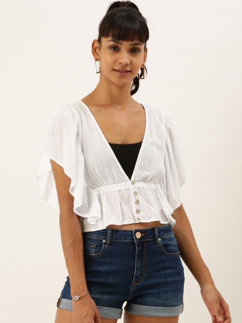 

FOREVER 21 Women White Solid Semi-Sheer Cropped Cinched Waist Top
