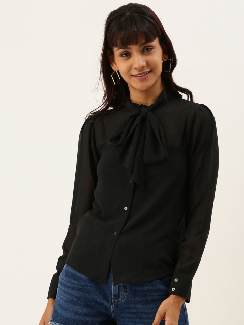 

FOREVER 21 Women Black Regular Fit Solid Casual Shirt With A Neck Tie-Up