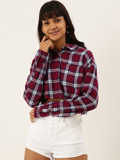 

FOREVER 21 Women Burgundy & White Regular Fit Checked Casual Shirt