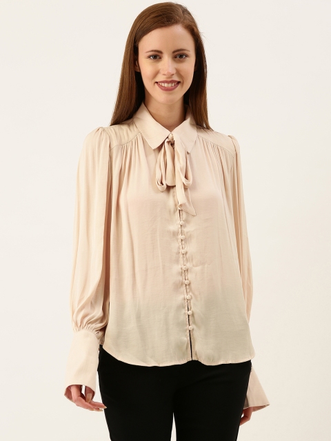 

FOREVER 21 Women Beige Regular Fit Solid Casual Shirt with Tie-Ups
