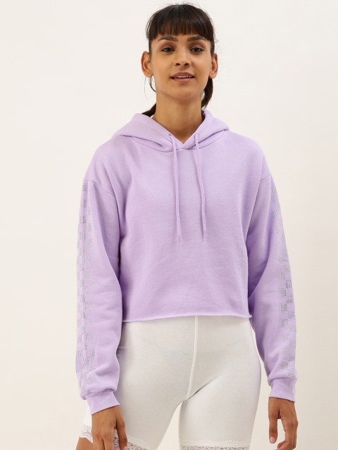 

FOREVER 21 Women Purple Solid Hooded Raw Hem Sweatshirt With Embellished Detail