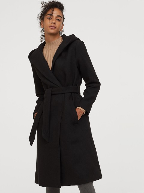 

H&M Women Black Solid Wool-Blend Coat