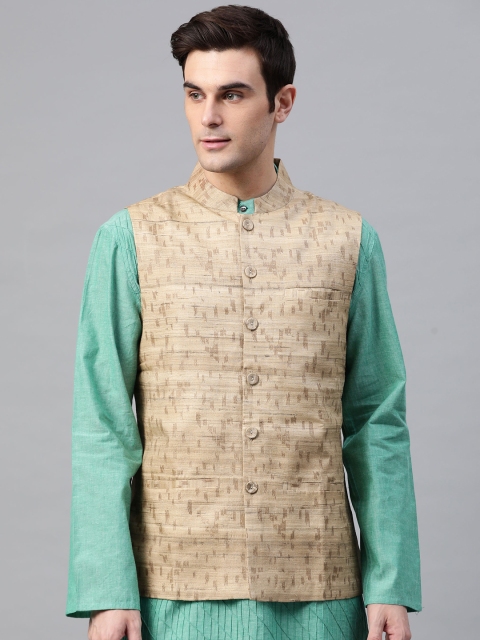 

Fabindia Men Beige Printed Silk Nehru Jacket