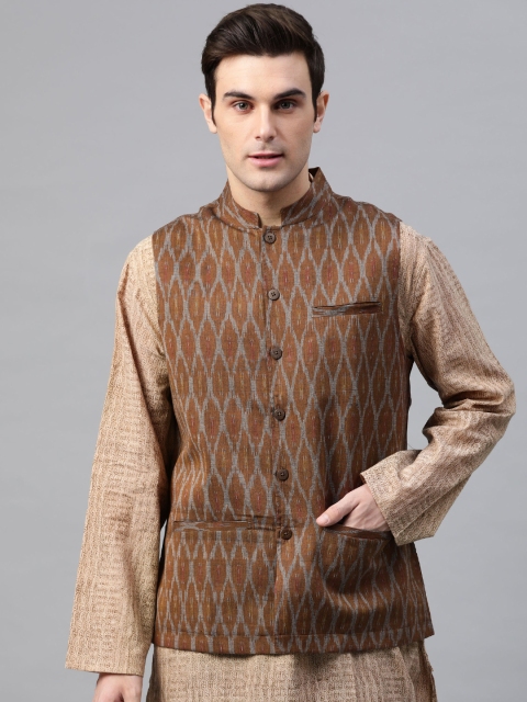 

Fabindia Men Brown & Grey Printed Ikat Pure Cotton Nehru Jacket
