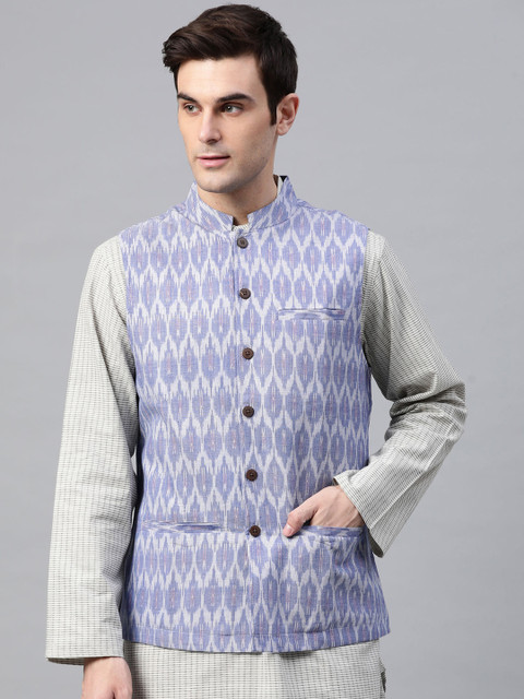

Fabindia Men Blue & Off-White Printed Ikat Pure Cotton Nehru Jacket