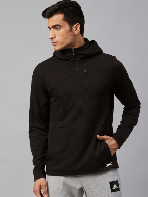 

Reebok Men Black Solid Slim Fit Fitness & Training Knit Control Hooded Sweatshirt