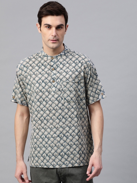 

Fabindia Men Grey & Teal Blue Printed Straight Kurta