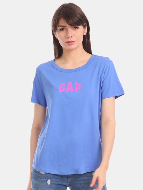 

GAP Women Blue Brand Logo Print Round Neck T-shirt