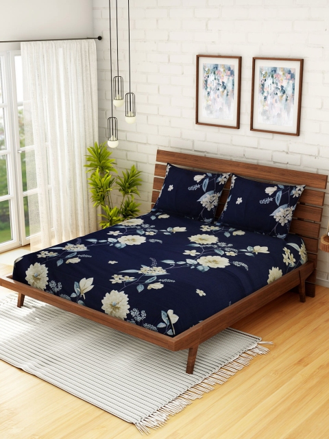 

CORE Designed by SPACES Navy Blue Floral 210 TC Cotton 1 Queen Bedsheet with 2 Pillow Covers