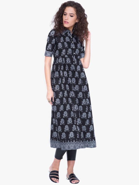 

Vishudh Women Black & White Elephant Print A-Line Kurta