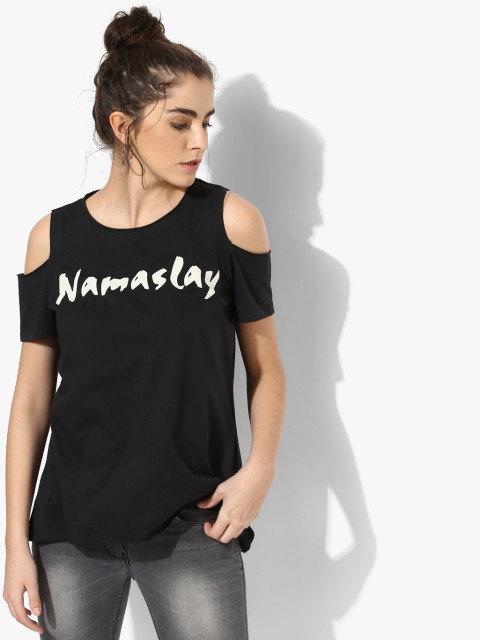 

ONLY Women Black & White Typography Print Cold-Shoulder Pure Cotton Top