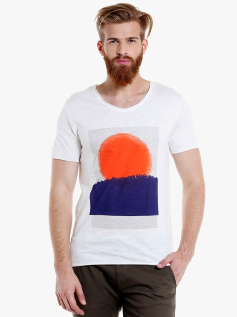 

SELECTED Men White & Navy Blue Slim Fit Printed Round Neck T-Shirt