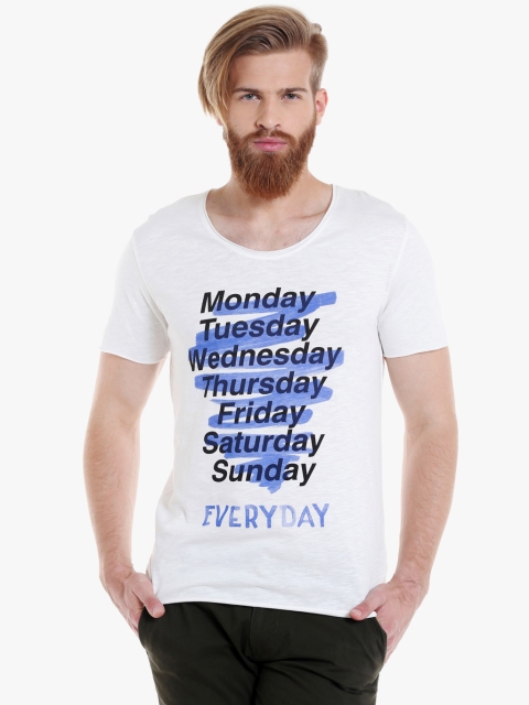 

SELECTED Men White & Blue Slim Fit Printed Round Neck T-Shirt