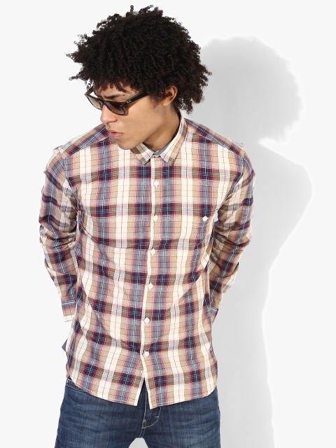 

Voi Jeans Men Beige & Navy Blue Checked Slim Fit Casual Shirt