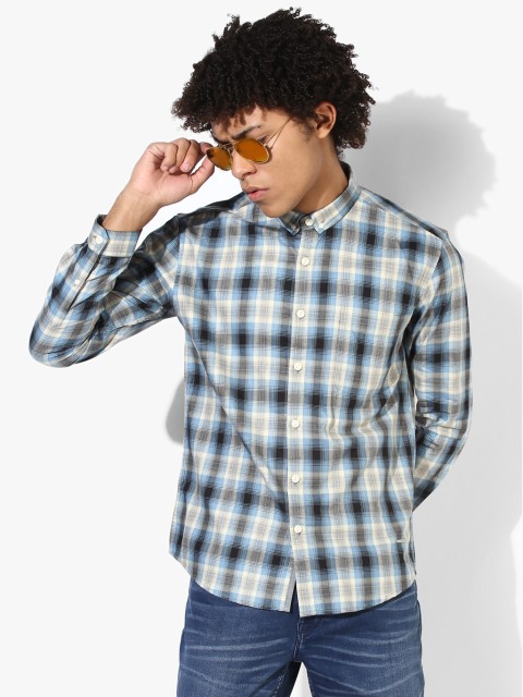 

Voi Jeans Men Beige & Blue Checked Slim Fit Casual Shirt, Multi