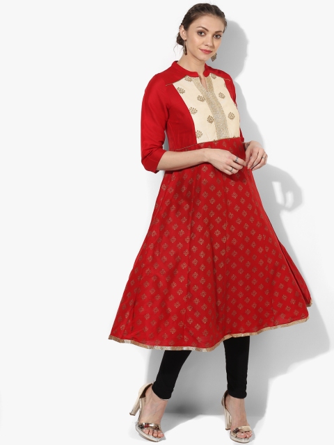 

RANGMANCH BY PANTALOONS Women Red & Golden Foil Block Print Anarkali Kurta