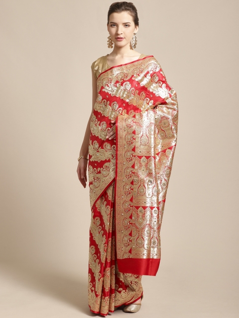 

BANARASI SILK WORKS Red & Golden Satin Woven Design Banarasi Saree