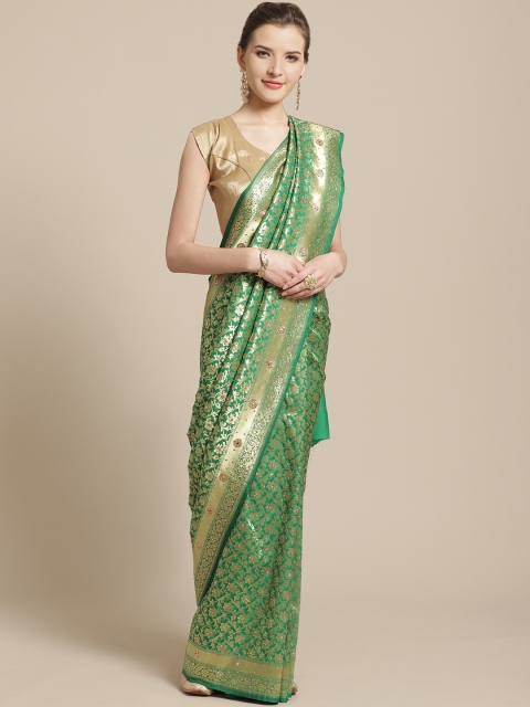 

BANARASI SILK WORKS Green & Golden Zari Woven Design Banarasi Saree