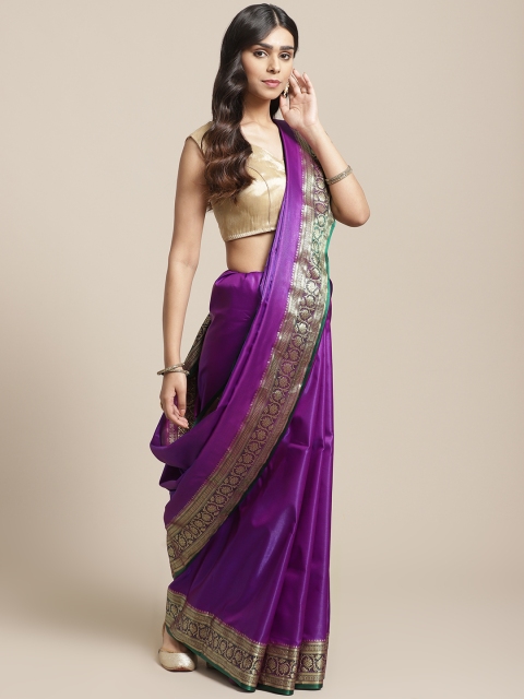 

BANARASI SILK WORKS Purple Satin Solid Banarasi Saree