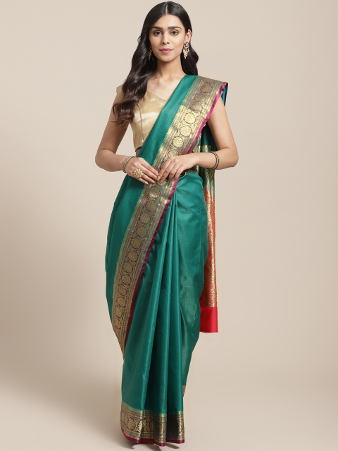 

BANARASI SILK WORKS Teal Green Satin Solid Banarasi Saree
