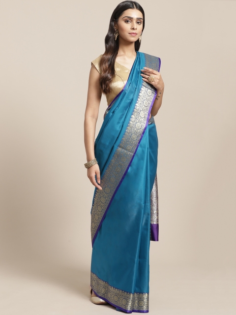 

BANARASI SILK WORKS Teal Blue Satin Solid Banarasi Saree
