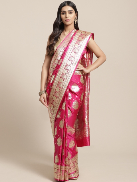 

BANARASI SILK WORKS Pink & Golden Pure Silk Woven Design Banarasi Saree