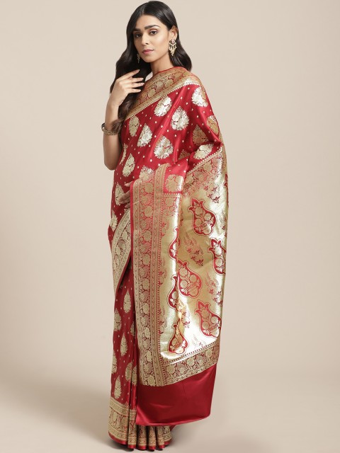 

BANARASI SILK WORKS Maroon & Golden Pure Silk Woven Design Banarasi Saree