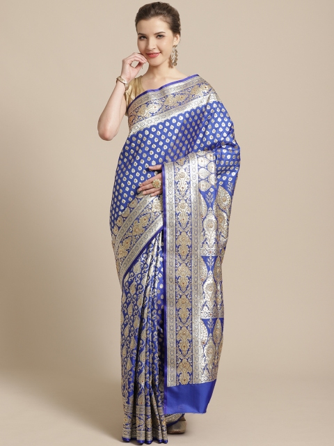 

BANARASI SILK WORKS Blue & Golden Satin Woven Design Banarasi Saree