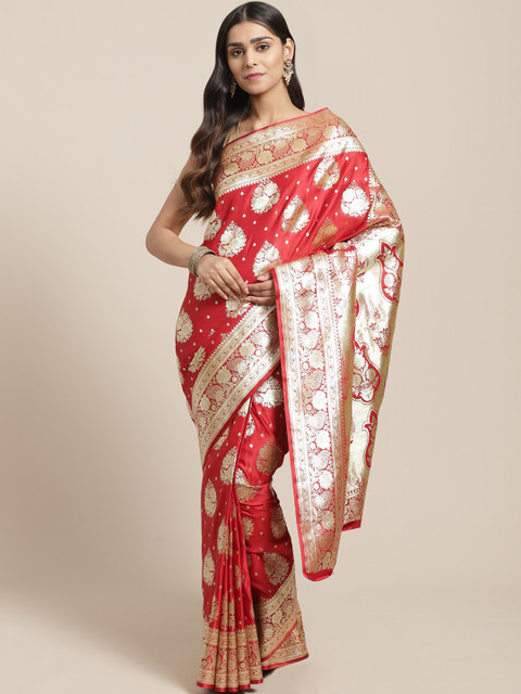 

BANARASI SILK WORKS Red & Golden Pure Silk Woven Design Banarasi Saree