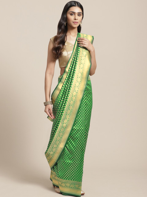 

BANARASI SILK WORKS Green & Golden Ethnic Woven Design Banarasi Saree