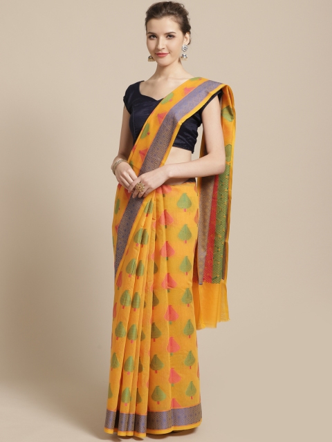 

BANARASI SILK WORKS Yellow & Green Woven Design Banarasi Saree