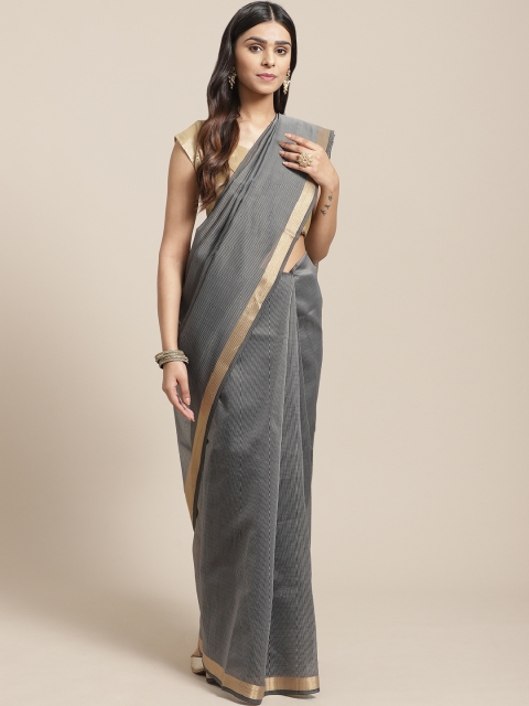

BANARASI SILK WORKS Charcoal Grey Satin Striped Banarasi Saree