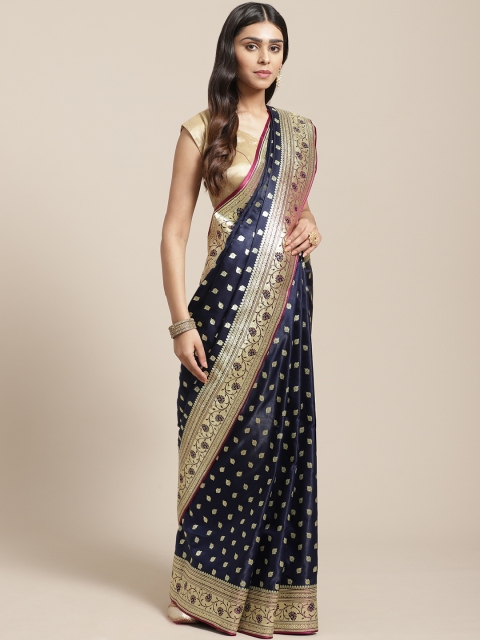 

BANARASI SILK WORKS Navy Blue & Golden Satin Ethnic Woven Design Banarasi Saree