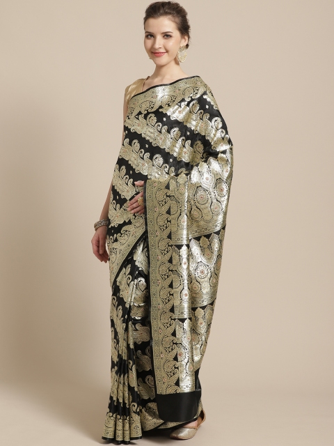 

BANARASI SILK WORKS Black & Golden Woven Design Banarasi Saree