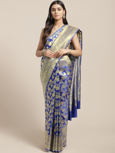 

BANARASI SILK WORKS Blue & Golden Satin Ethnic Woven Design Banarasi Saree